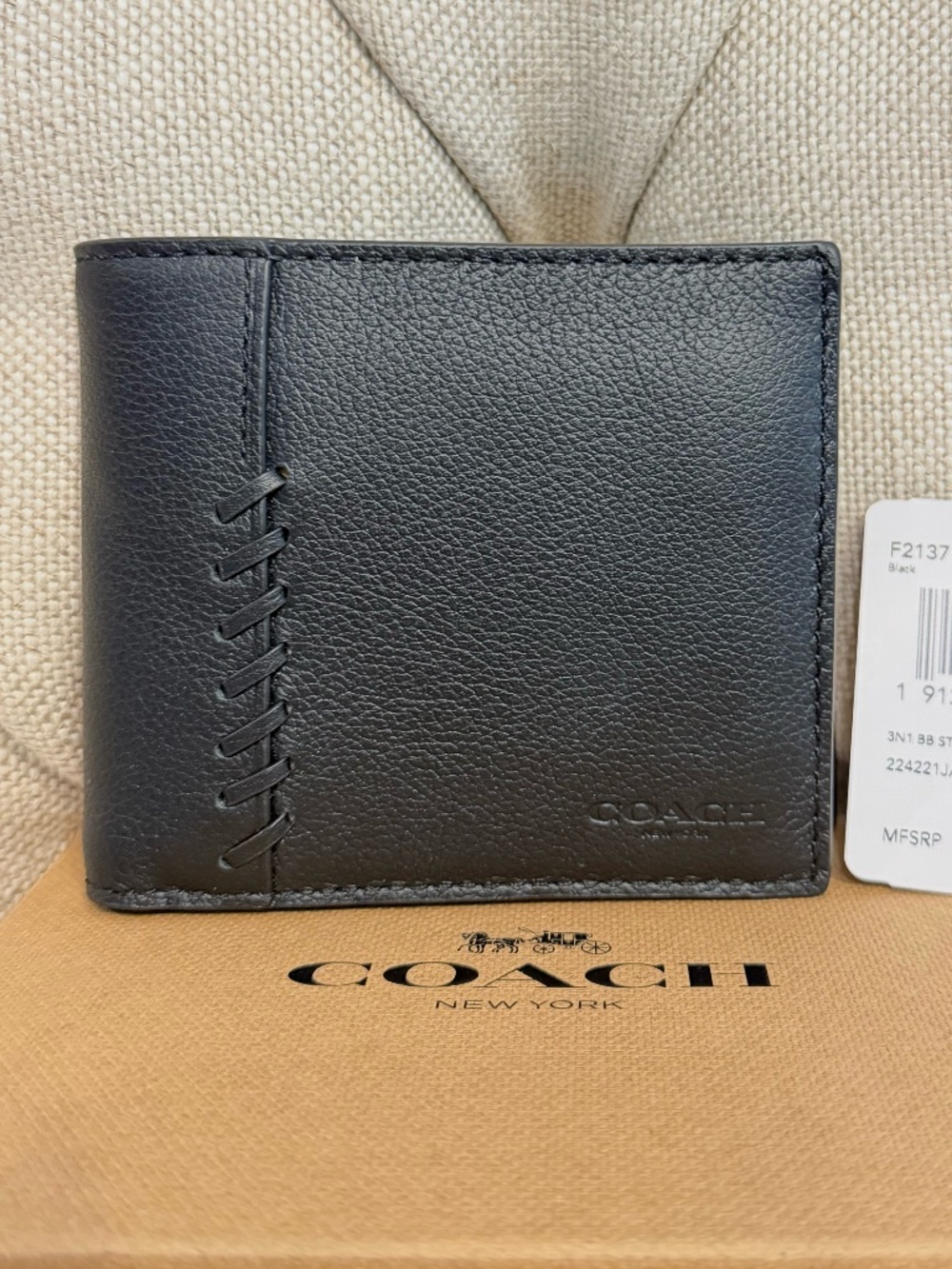 NEW Coach Men Wallet 3-In-1 Wallet Baseball Stitch F21371 Leather Black